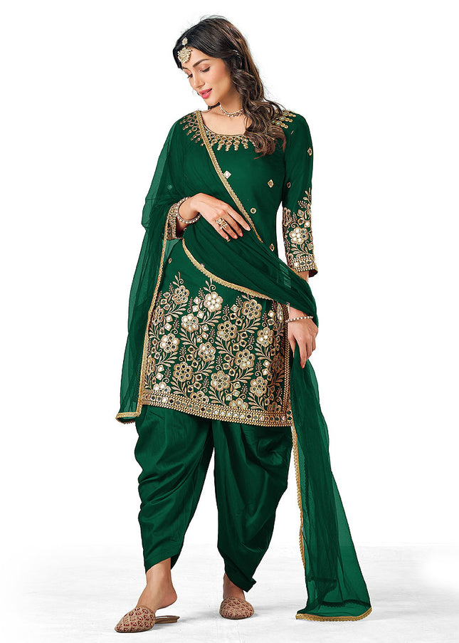 Green and Gold Embroidered Punjabi Suit