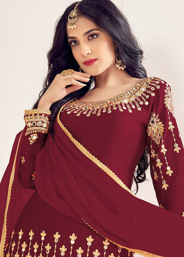 Maroon and Gold Embroidered Punjabi Suit