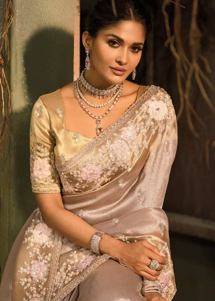 Mauve and Beige Embroidered Saree