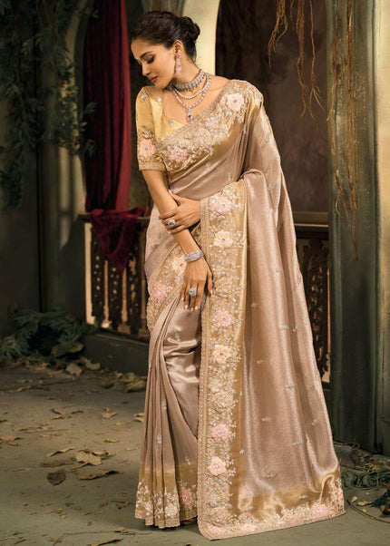 Mauve and Beige Embroidered Saree