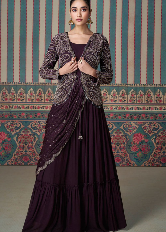 Wine Saree Style Jacket Anarkali Gown