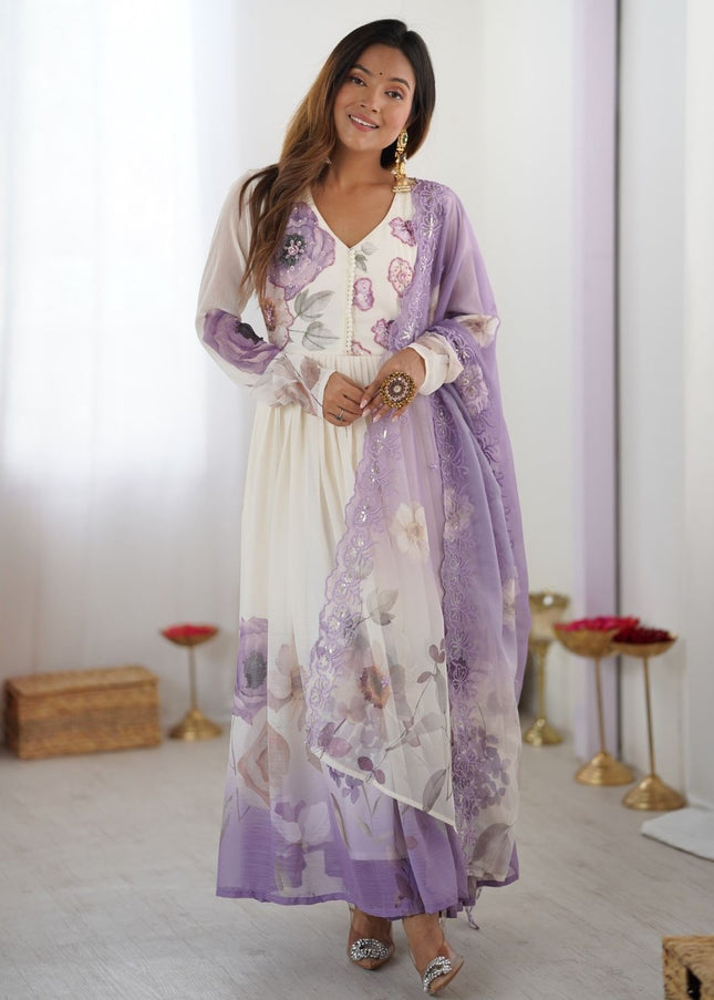 Offwhite Floral Printed and Embroidered Anarkali Gown