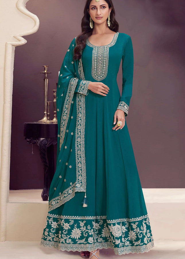 Teal Embroidered Anarkali Gown