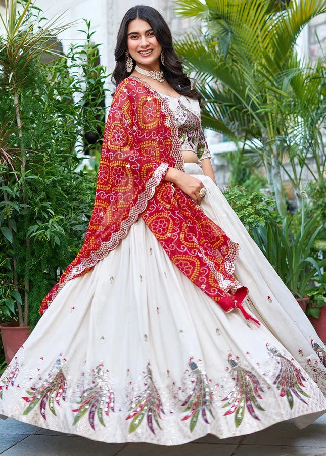 Offwhite and Red Embroidered Lehenga Choli