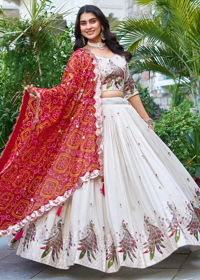 Offwhite and Red Embroidered Lehenga Choli