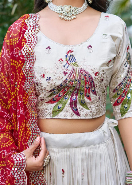 Offwhite and Red Embroidered Lehenga Choli