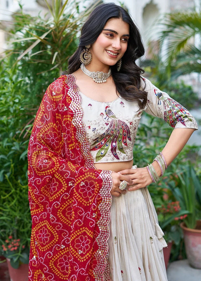 Offwhite and Red Embroidered Lehenga Choli