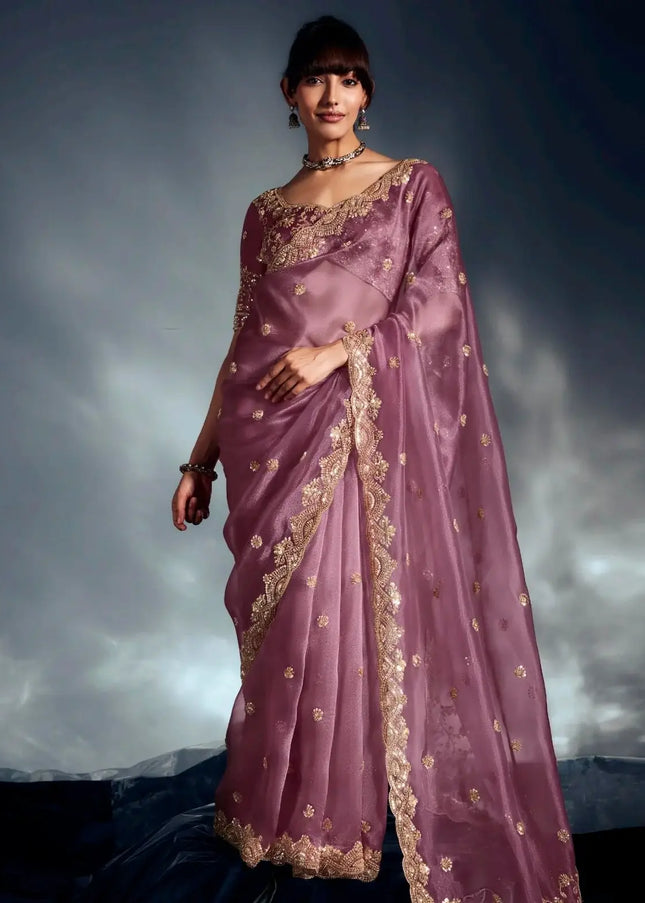 Lavender Embroidered Wedding Saree
