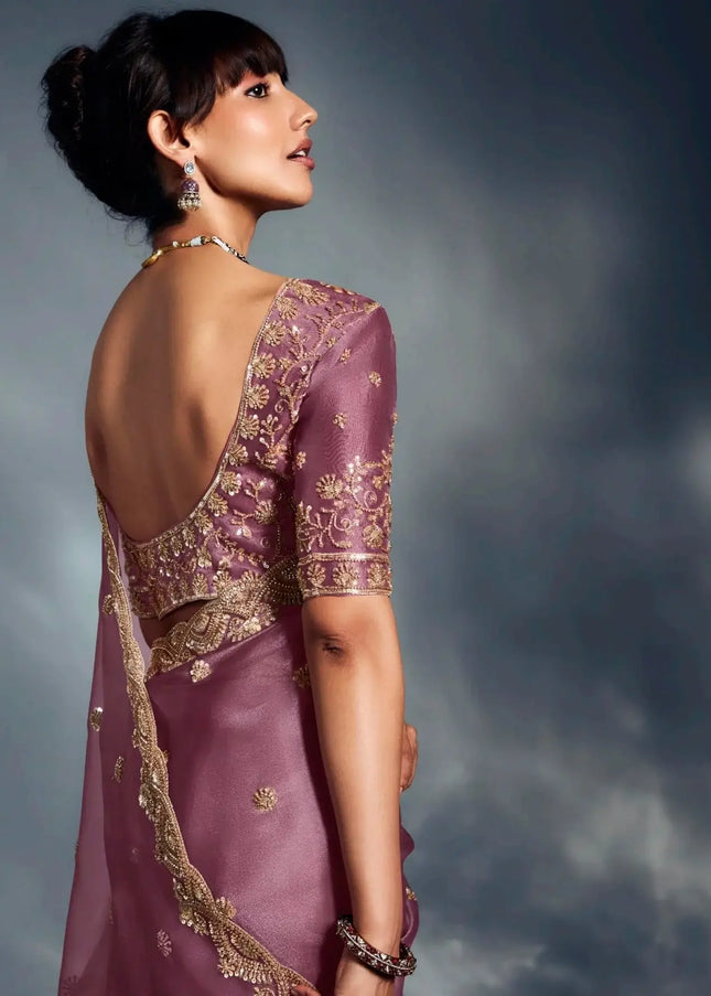 Lavender Embroidered Wedding Saree