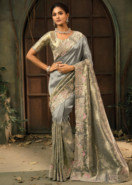 Grey and Sea Green Embroidered Saree