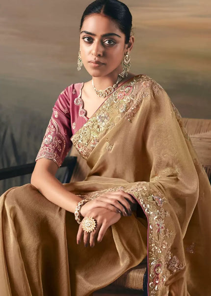 Beige and Pink Embroidered Festive Saree