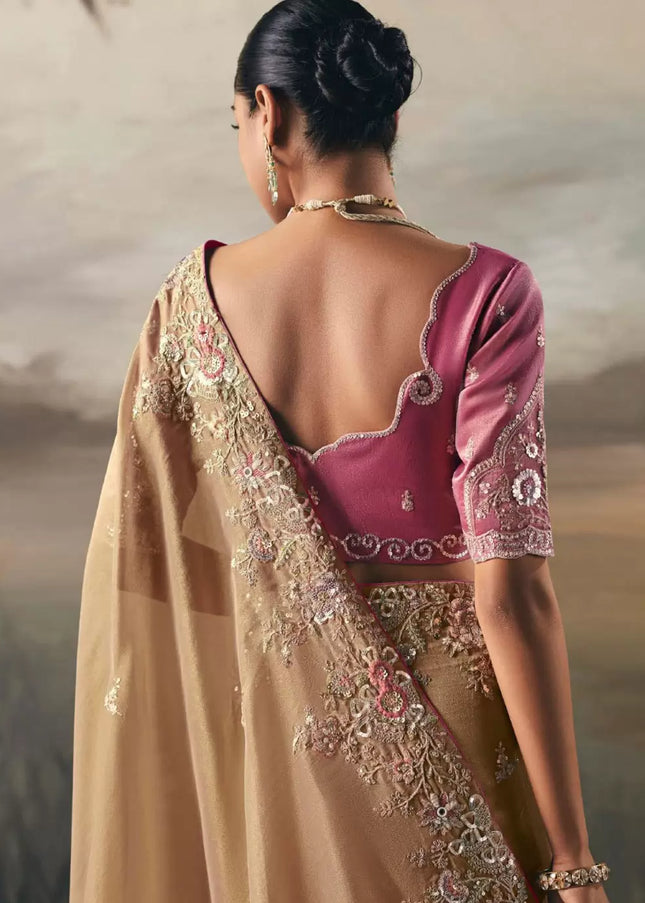 Beige and Pink Embroidered Festive Saree