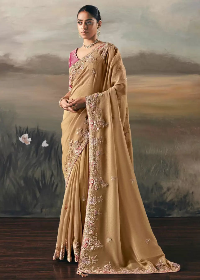 Beige and Pink Embroidered Festive Saree