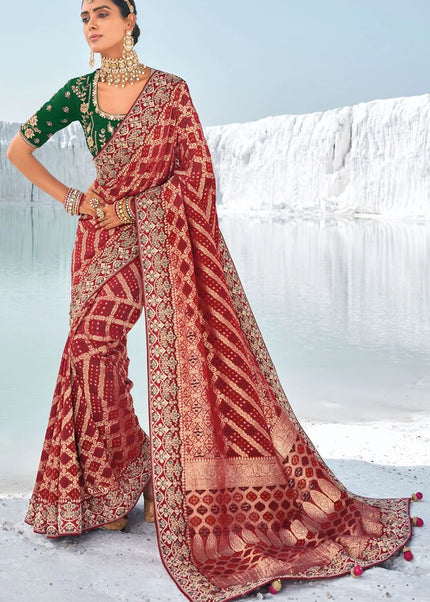 Red Embroidered Wedding/Festive Saree