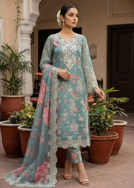 Sky Blue Printed and Embroidered Pant Style Suit