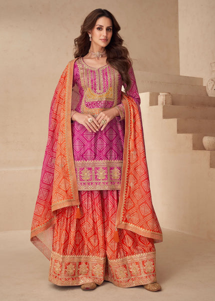 Pink and Orange Printed and Embroidered Sharara Suit