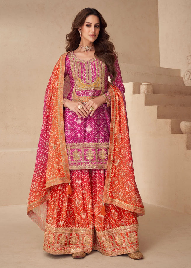 Pink and Orange Printed and Embroidered Sharara Suit