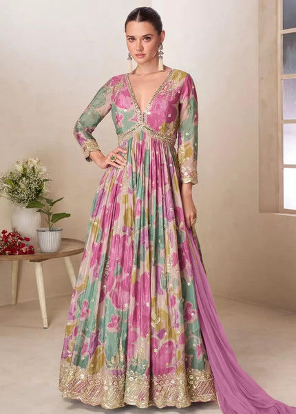 Sea Green Printed and Embroidered Anarkali Gown