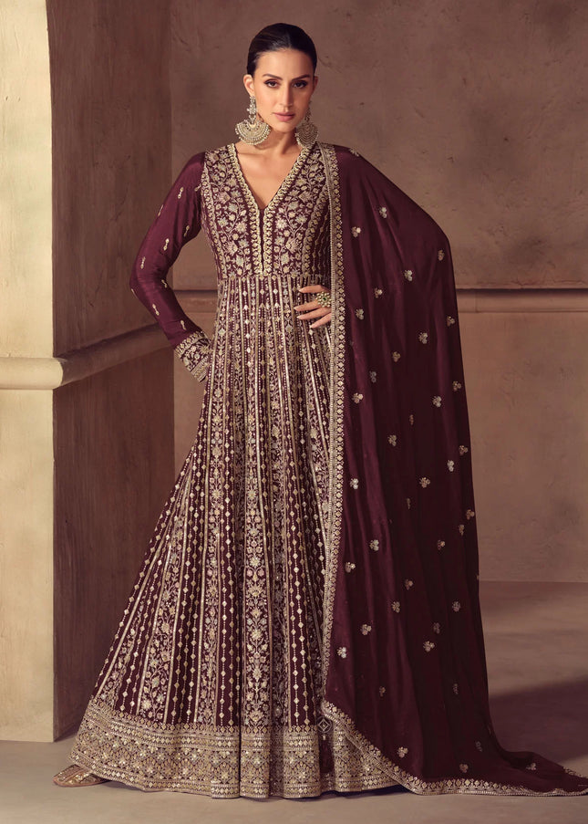 Maroon Embroidered Anarkali Gown
