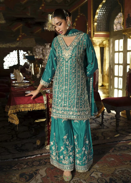 Teal Embroidered Palazzo Suit