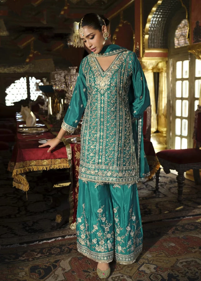 Teal Embroidered Palazzo Suit