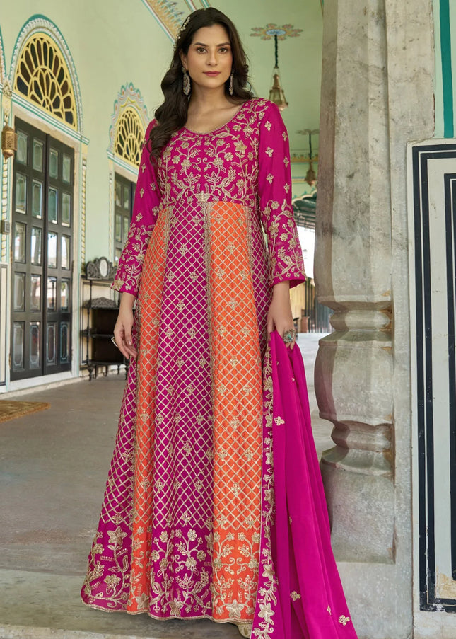 Pink and Orange Embroidered Anarkali