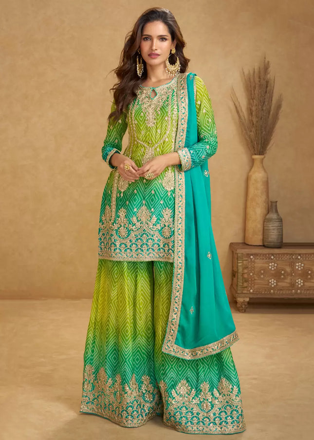 Green and Teal Printed and Embroidered Sharara Suit