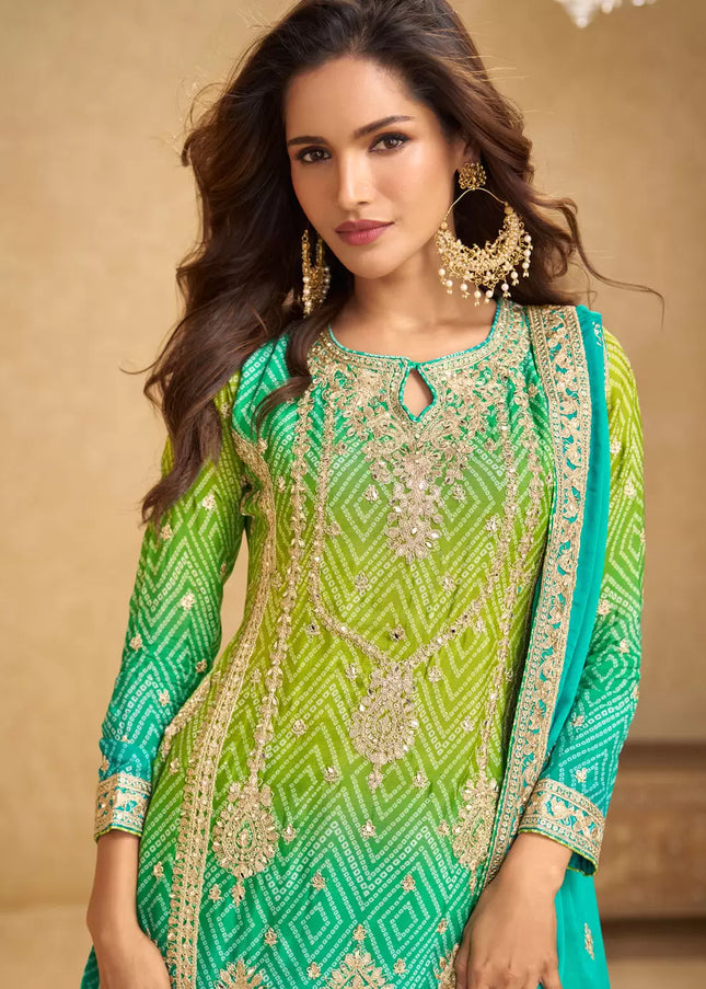Green and Teal Printed and Embroidered Sharara Suit