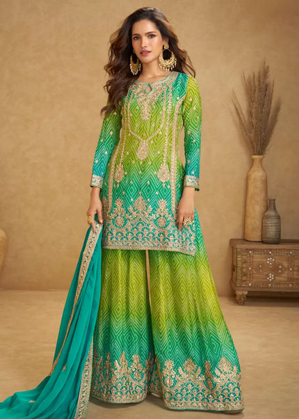 Green and Teal Printed and Embroidered Sharara Suit