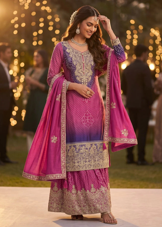 Pink and Purple Embroidered Sharara Suit