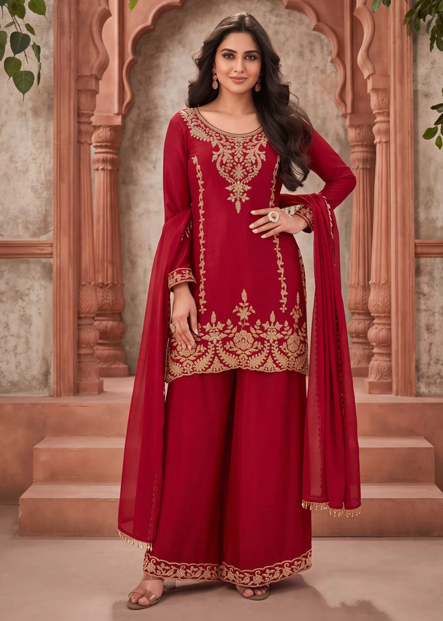 Red Embroidered Sharara Suit
