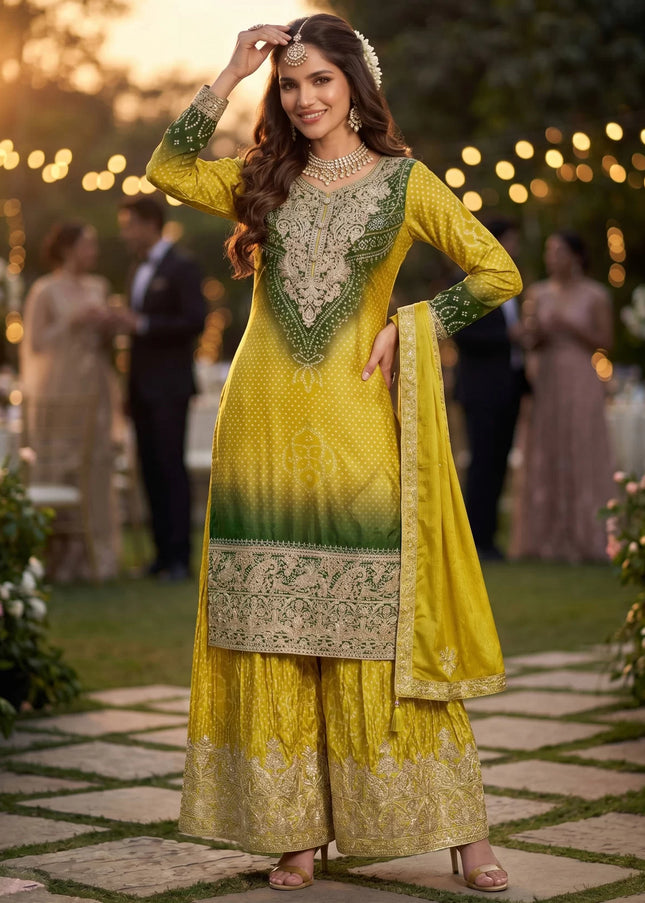 Mustard Yellow and Green Embroidered Sharara Suit