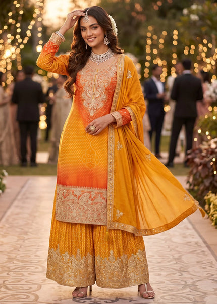 Mustard Yellow and Orange Embroidered Sharara Suit