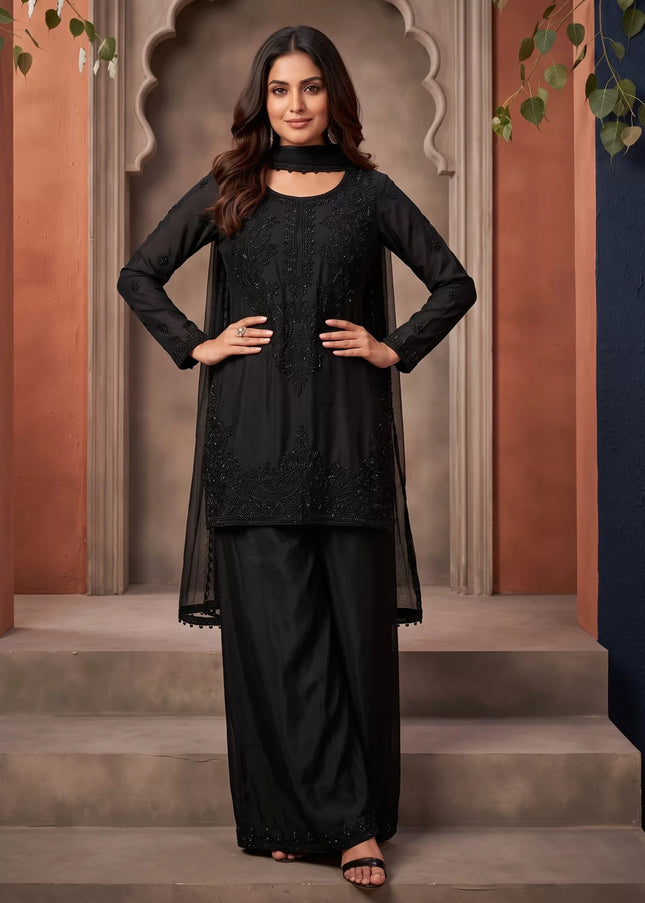 Black Embroidered Palazzo Suit