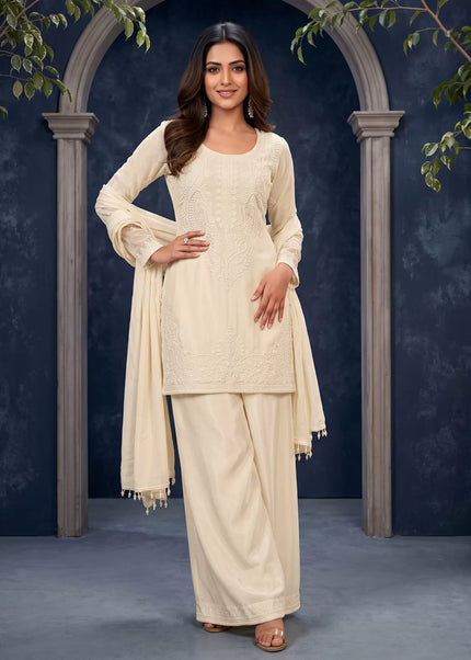 Offwhite Embroidered Palazzo Suit