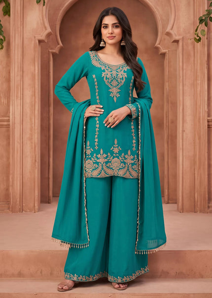 Teal Embroidered Sharara Suit