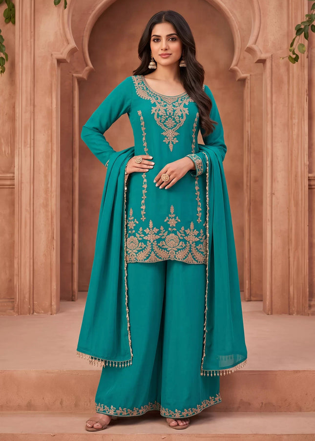 Teal Embroidered Sharara Suit