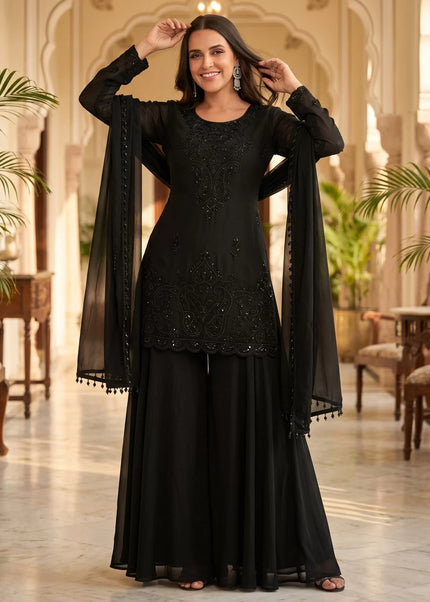 Black Embroidered Sharara Suit