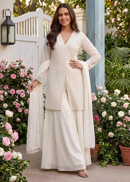 White Embroidered Sharara Suit