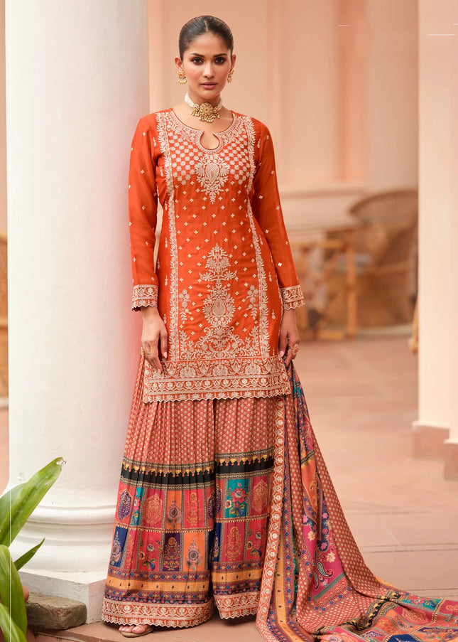 Orange Embroidered Sharara Suit