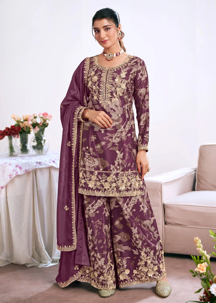 Purple Printed and Embroidered Sharara Suit