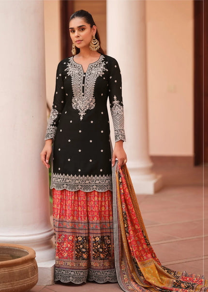 Black and Red Embroidered Sharara Suit