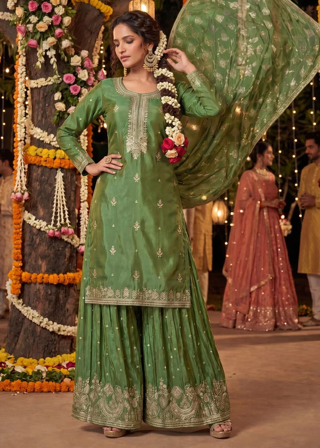 Green Embroidered Palazzo Suit