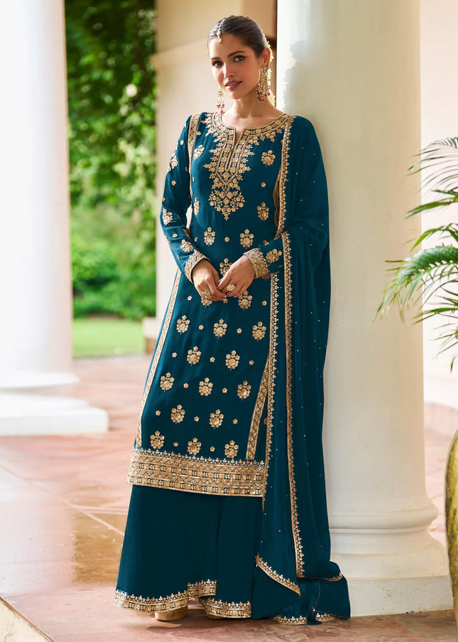 Teal Embroidered Sharara Suit