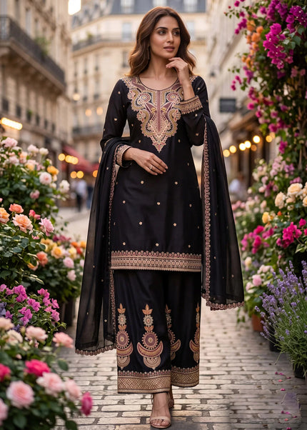 Black Embroidered Palazzo Suit