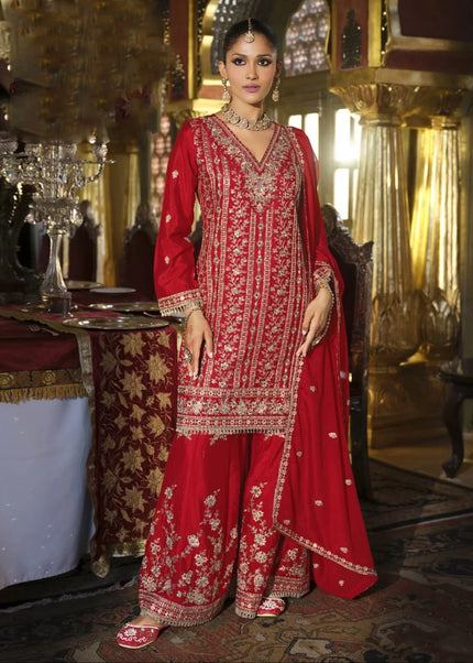 Red Embroidered Palazzo Suit