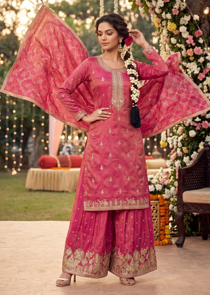Pink Embroidered Palazzo Suit