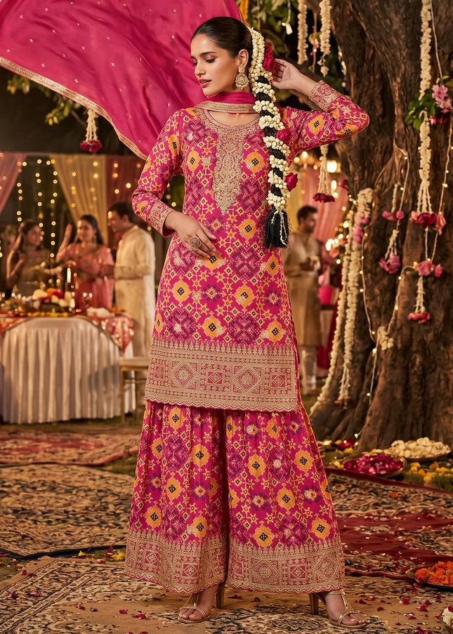 Pink Embroidered Palazzo Suit