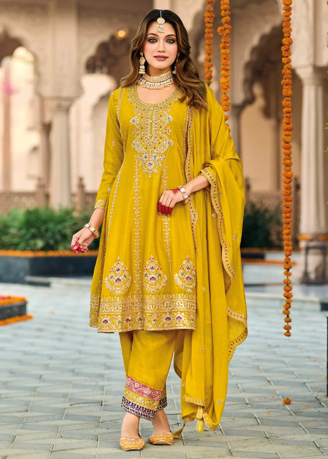 Yellow Embroidered Pant Style Suit