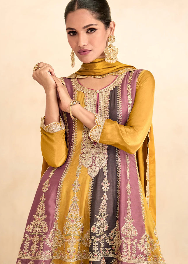 Yellow Multilcolor Embroidered Sharara Suit